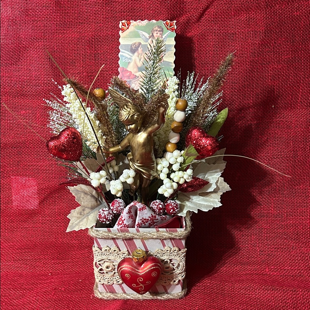 Hand Crafted Rustic VALENTINE Assemblage Primitive Home Decor w Cherub/Angel
